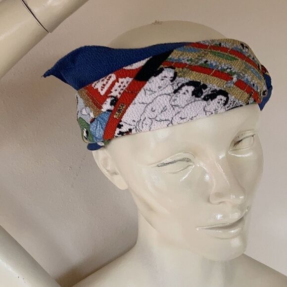 Vintage stretchy silk sumo wrestler stretch scarf kerchief large blue red cream - Picture 3 of 13